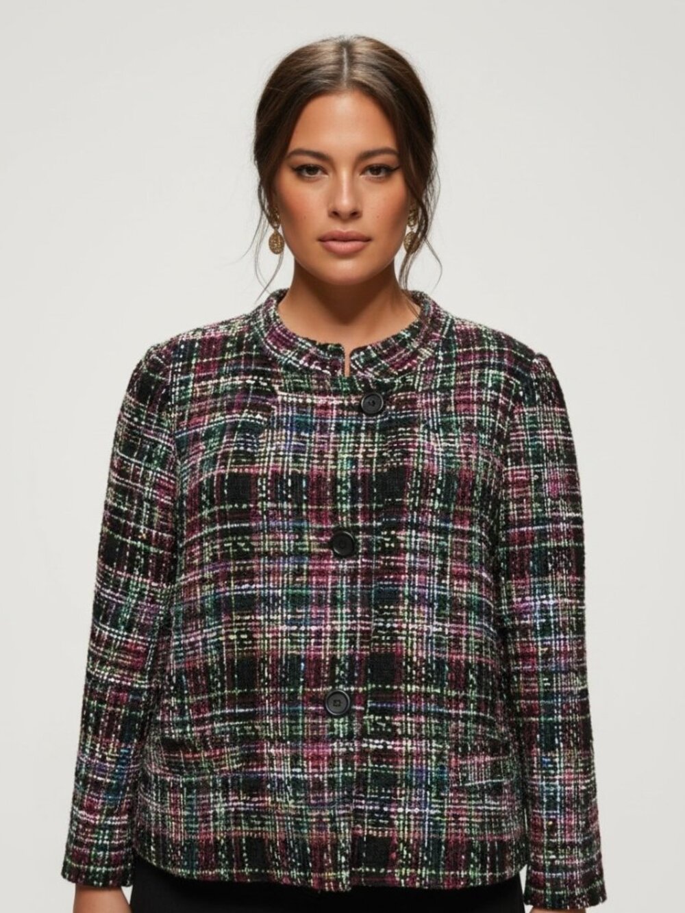 Talbots Tweed Boucle Jacket 14 Plaid Wool Blend Mandarin Collar Old Money
